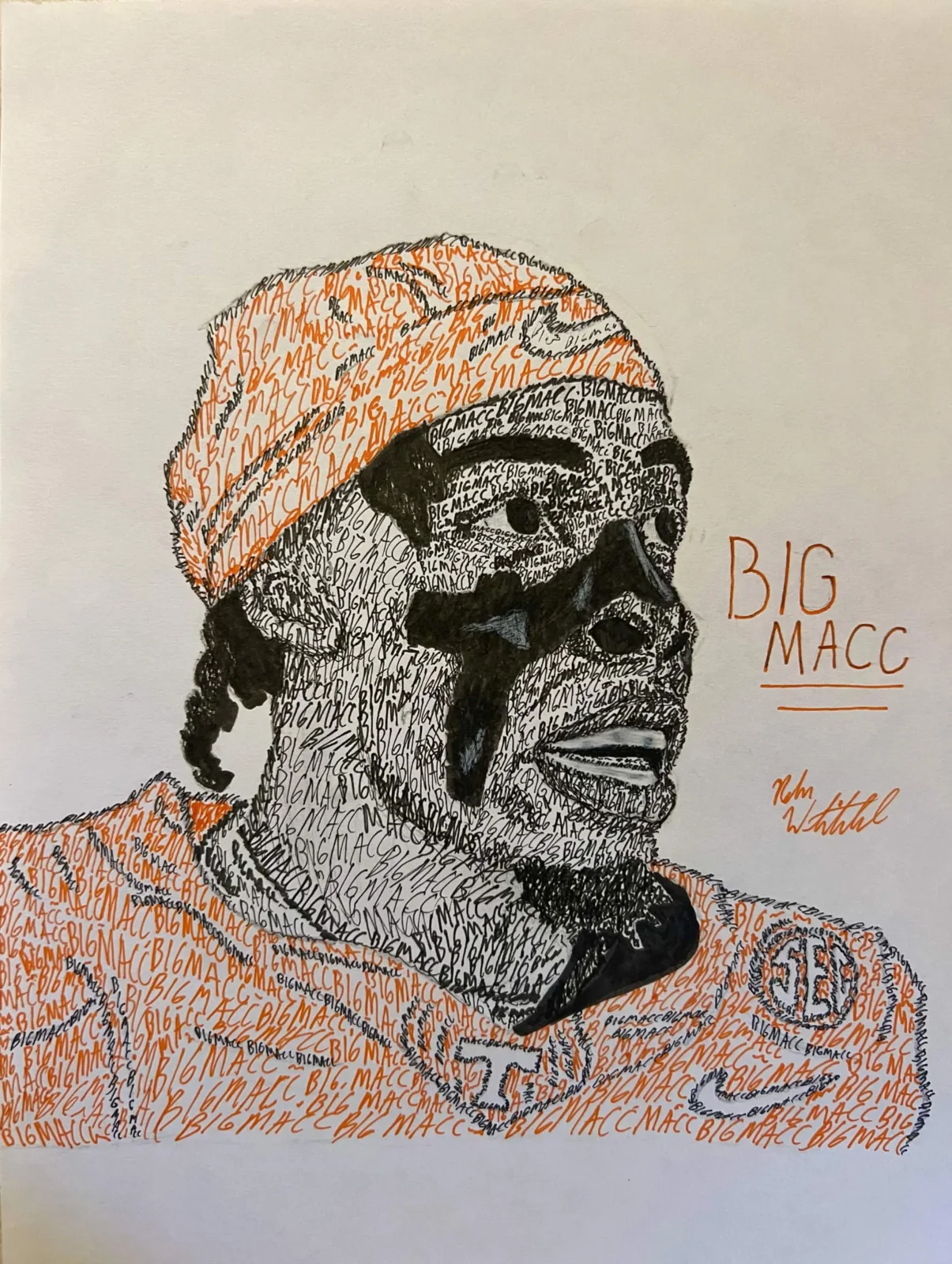 Detailed custom football portrait made with repeated lettering