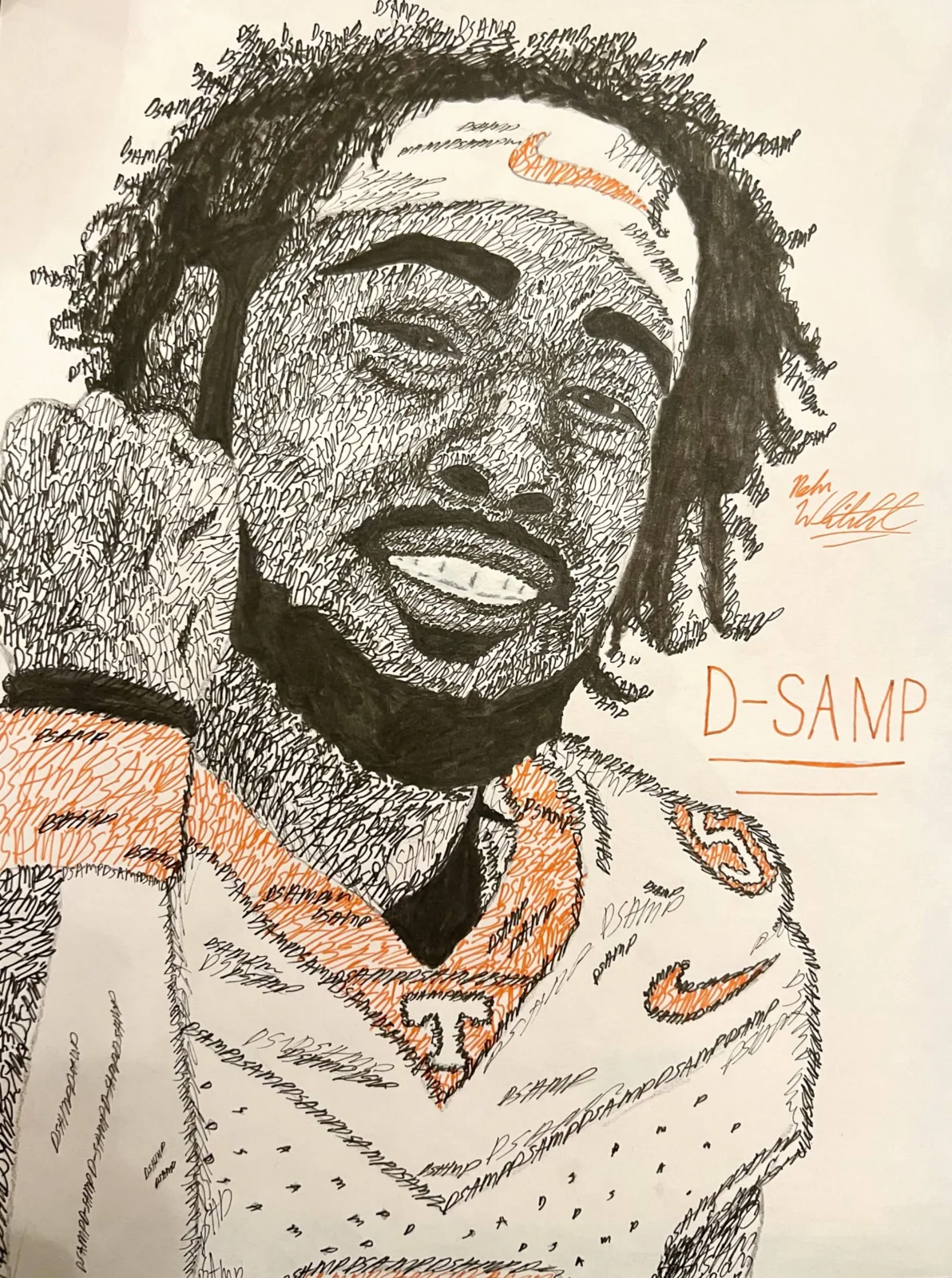 Custom football portrait built from repeated handwritten lettering