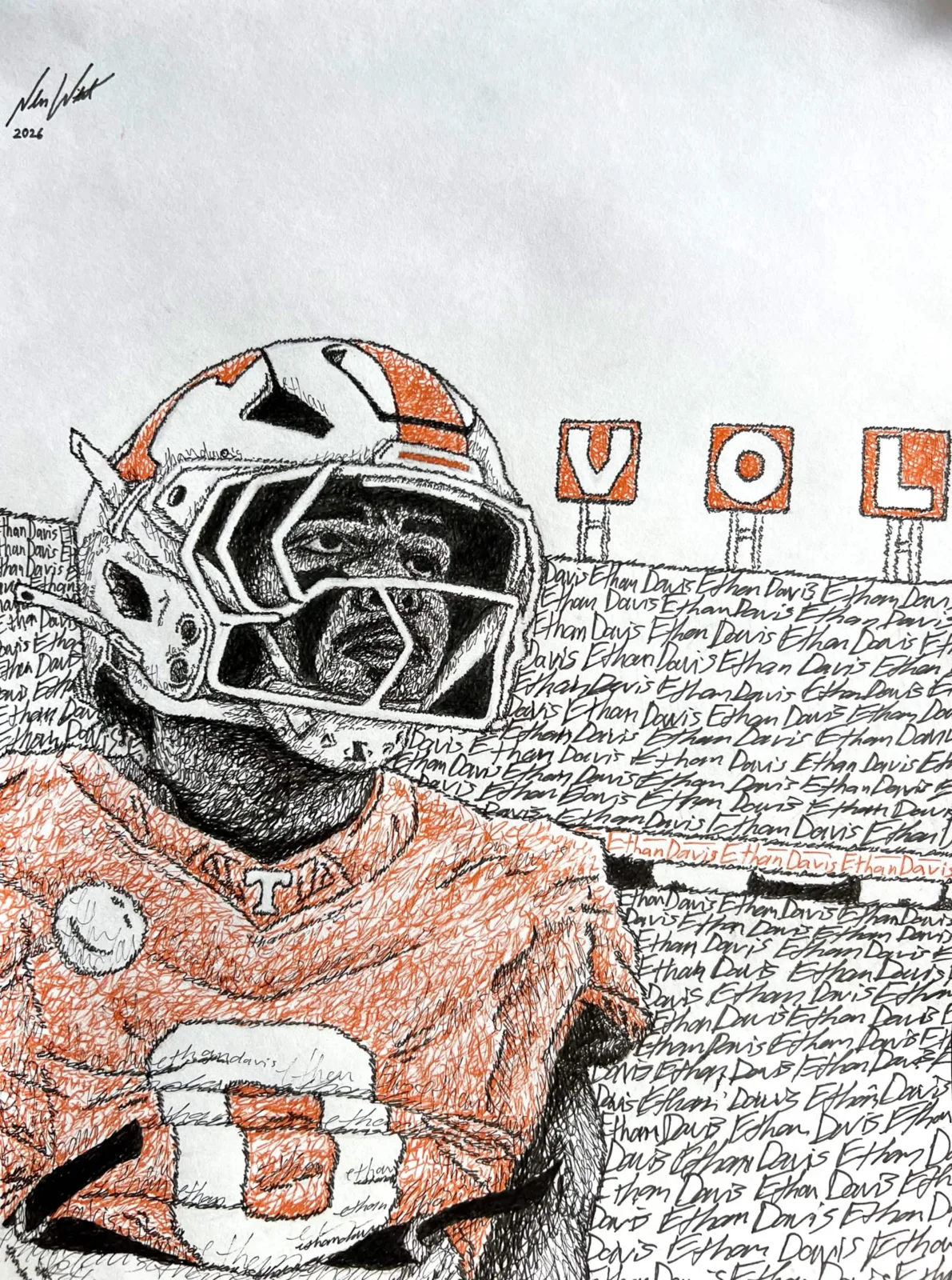 Football portrait with stadium background made from repeated lettering