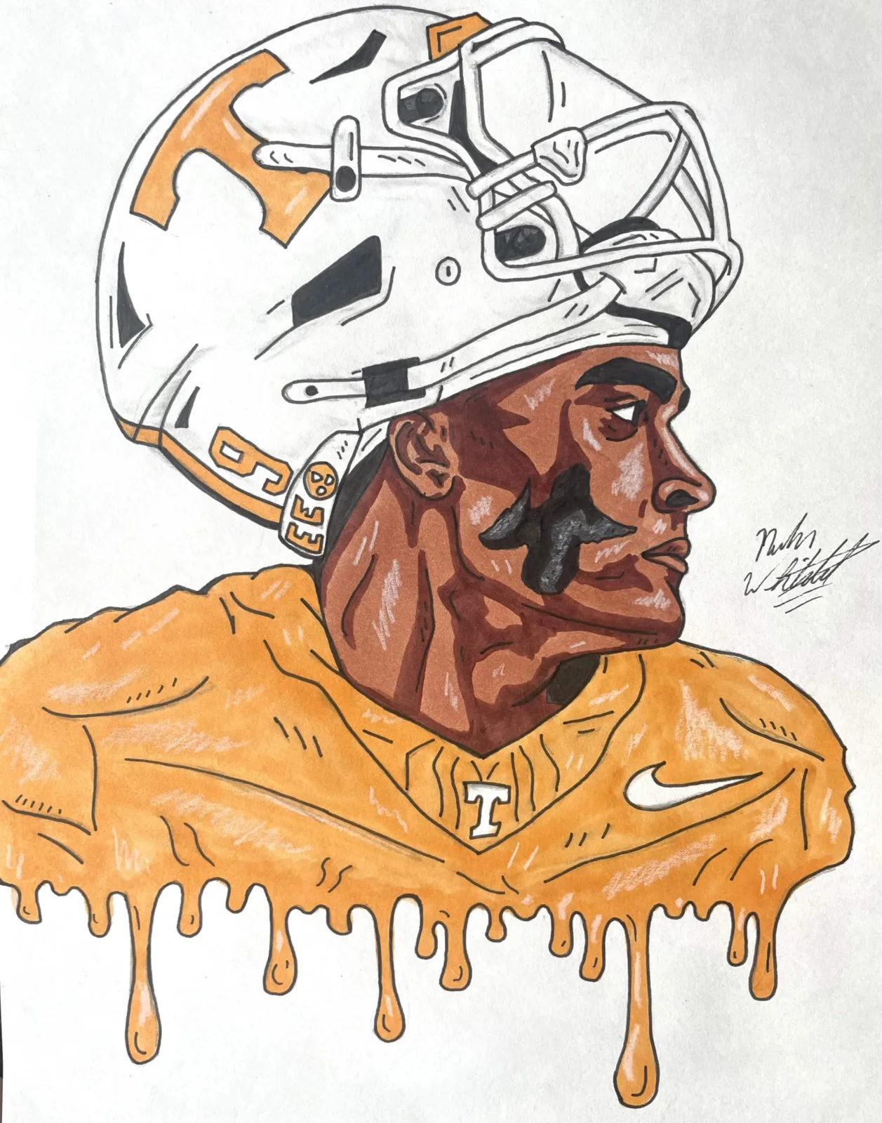Custom football player portrait with dripping orange design