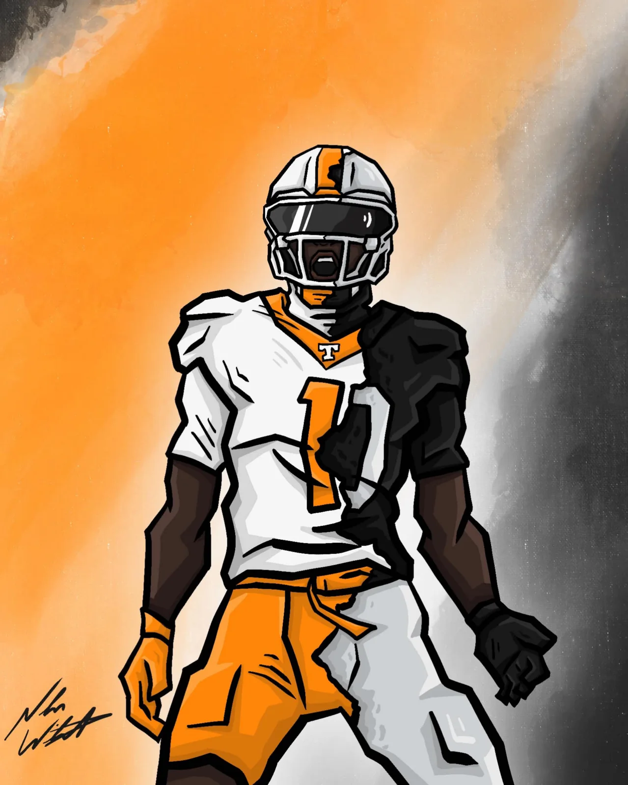 Custom football player illustration in orange, white, and black